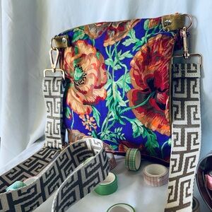 Upcycled Floral Crossbody Bag with Floral Sillouette of Bigfoot.